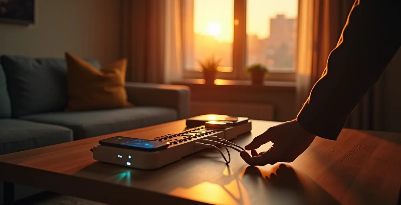 Vue d'ensemble d'un salon moderne montrant les appareils électriques en veille contribuant au talon de consommation