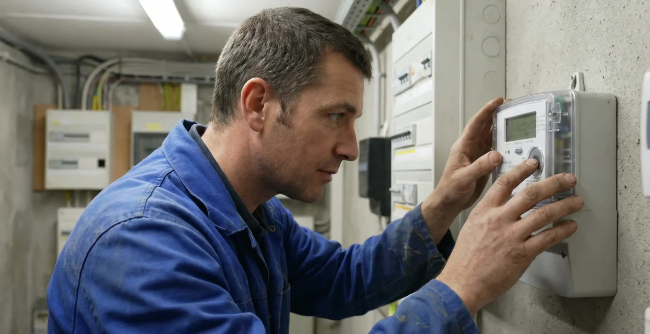 Technicien inspectant un compteur électrique dans un local technique de copropriété
