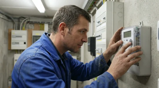 Technicien inspectant un compteur électrique dans un local technique de copropriété