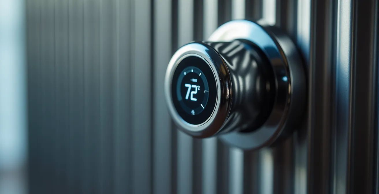 Vue macro d'une tête thermostatique connectée moderne sur radiateur