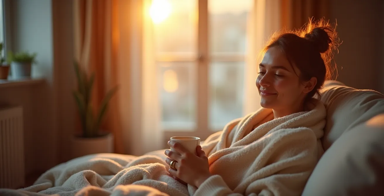 Personne profitant du confort thermique d'une maison bien chauffée grâce à un thermostat intelligent