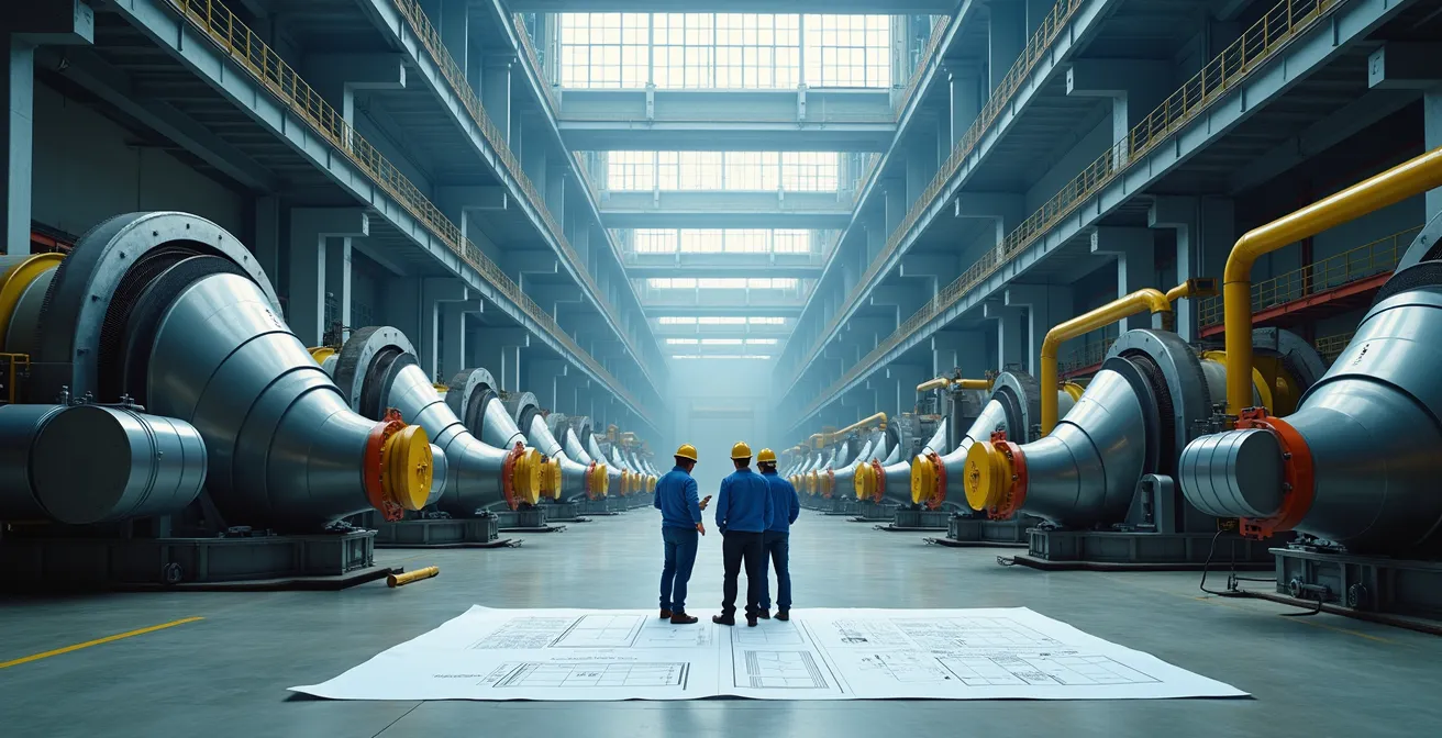 Processus de reconversion industrielle d'une centrale thermique montrant les infrastructures réutilisables