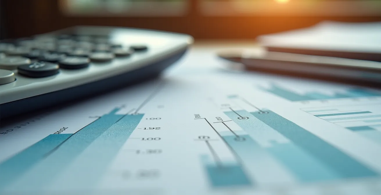 Vue macro de documents financiers avec calculatrice dans un environnement professionnel