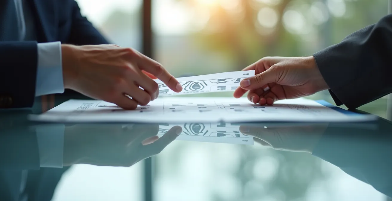 Mains professionnelles échangeant un contrat transparent avec schéma de flux financiers