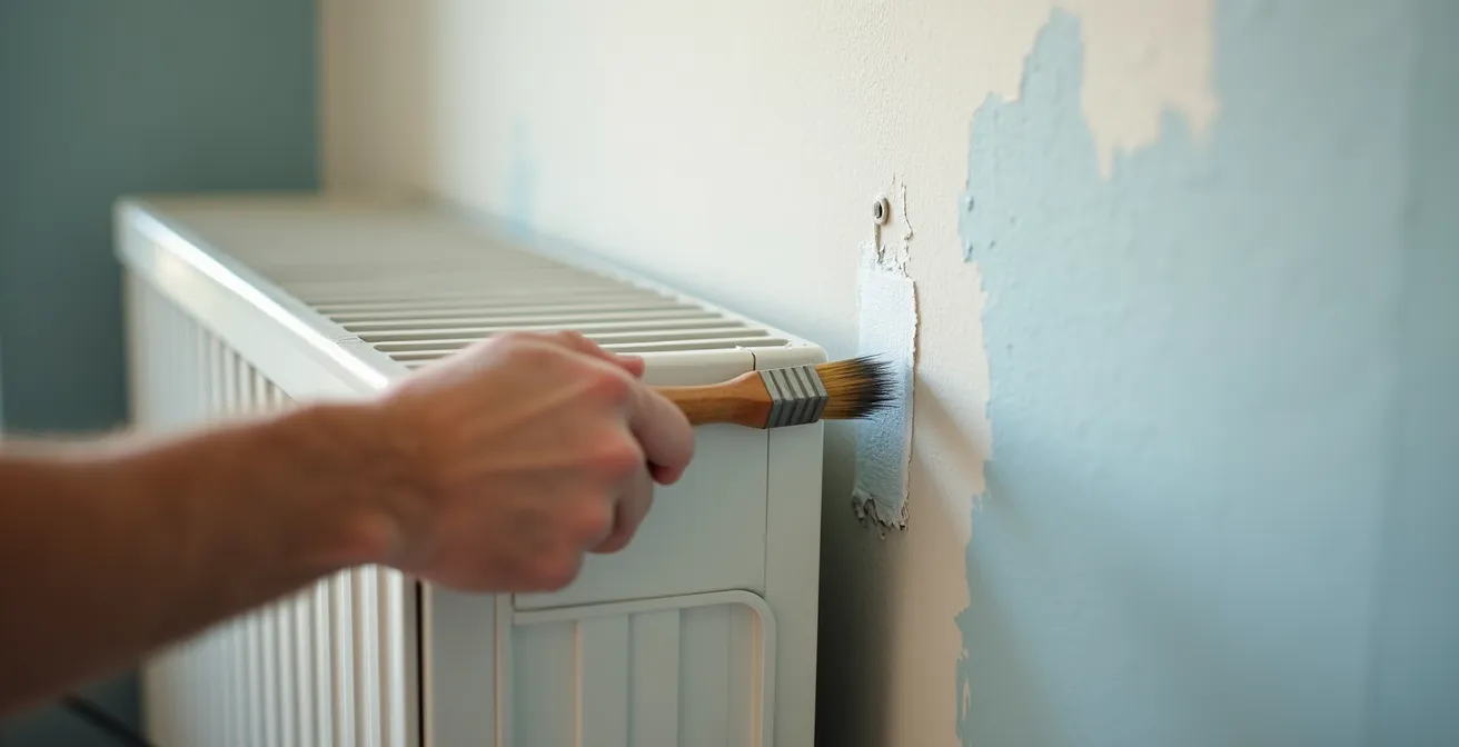 Mur fraîchement repeint derrière l'emplacement d'un nouveau radiateur basse température